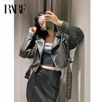 Chaqueta de cuero lavado con cinturón para mujer, abrigo corto con cremallera degradada y cuello vuelto Vintage, chaqueta elegan - Image 2