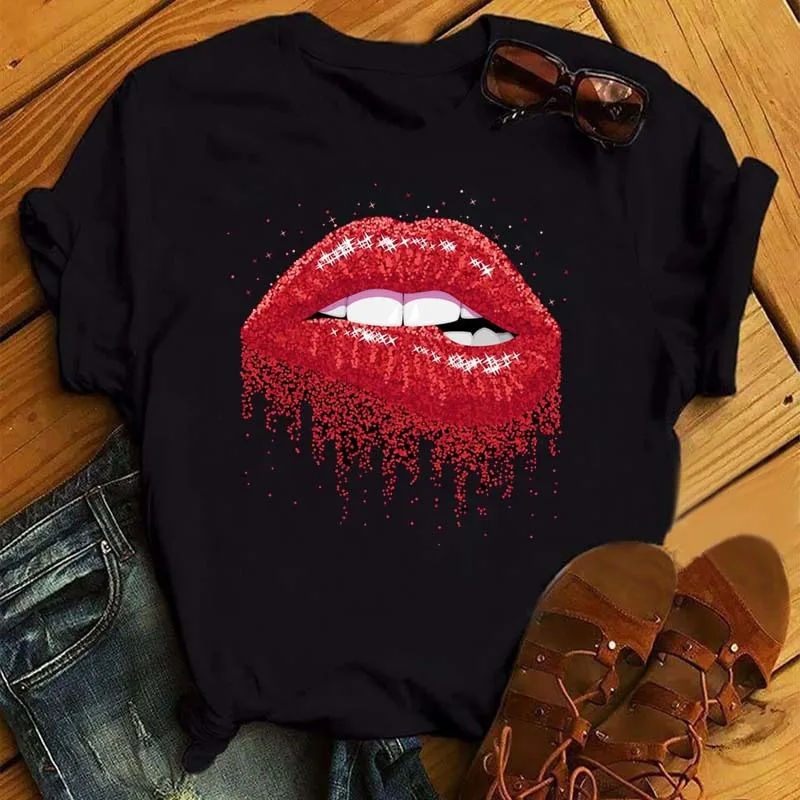 Women Summer Short Sleeve Tshirts Fashion Red Lips Finger Print Ladies T-shirts Top Cartoon Womens Graphic Tees T-Shirts S18848e03b7f2493d81ec30c6fa34032eM