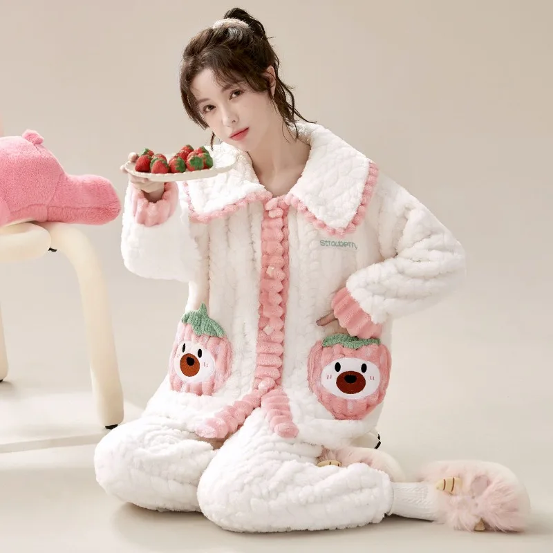 2024 New Women Sleepwear Flannel Casual Pajamas Set Cartoon Girls Cute Loose Oversize Loungewear Coral Velvet Home Clothes Suit