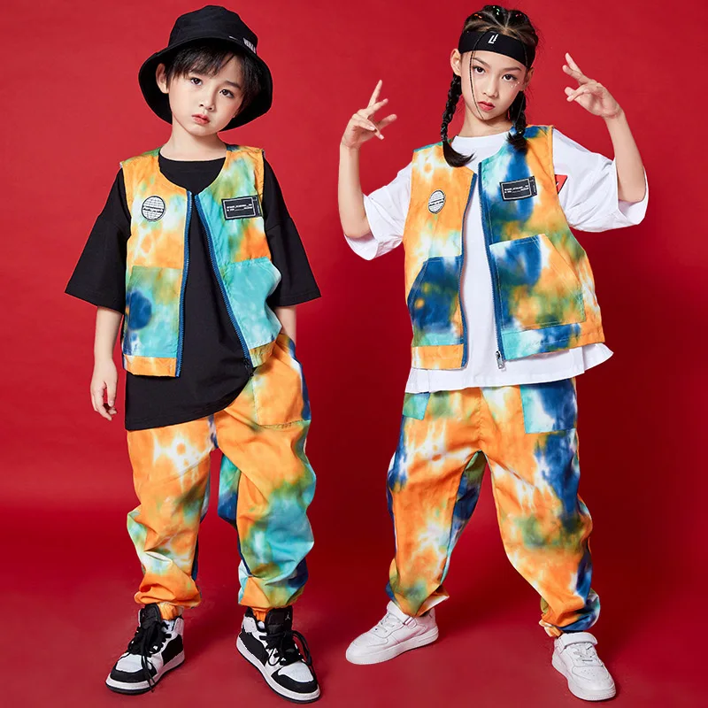 

For 8 10 12 14 16 Yrs Children tie-dyed Stage Summer Clothing Jazz Hip Hop Dance Costume for Kids Boys Girls Ballroom Streetwear