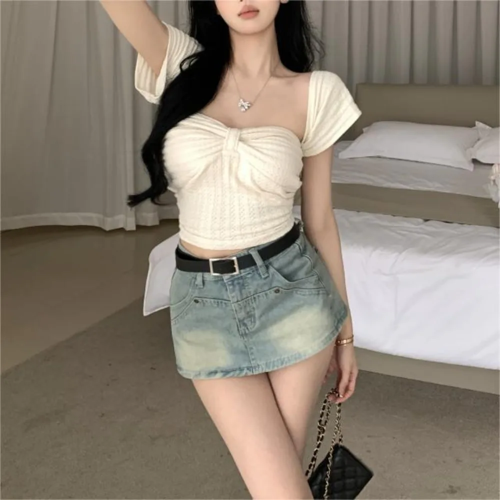 

Модная Однотонная футболка с бантом, квадратным вырезом и коротким рукавом, модный короткий топ