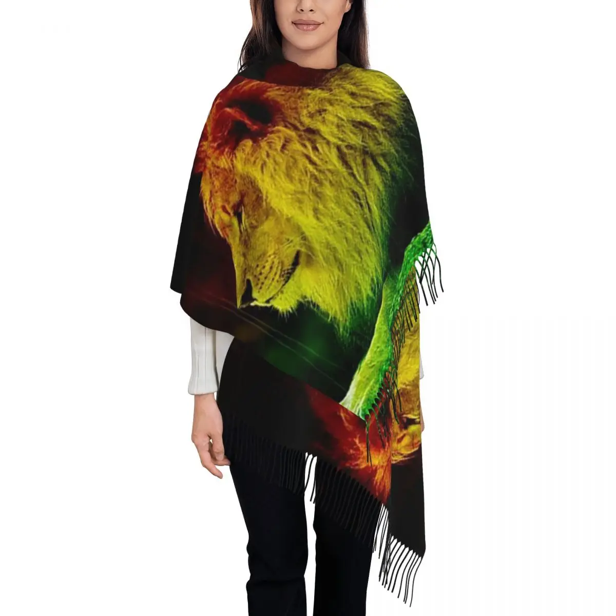 

Женский длинный шарф с кисточками и львом, теплая шаль