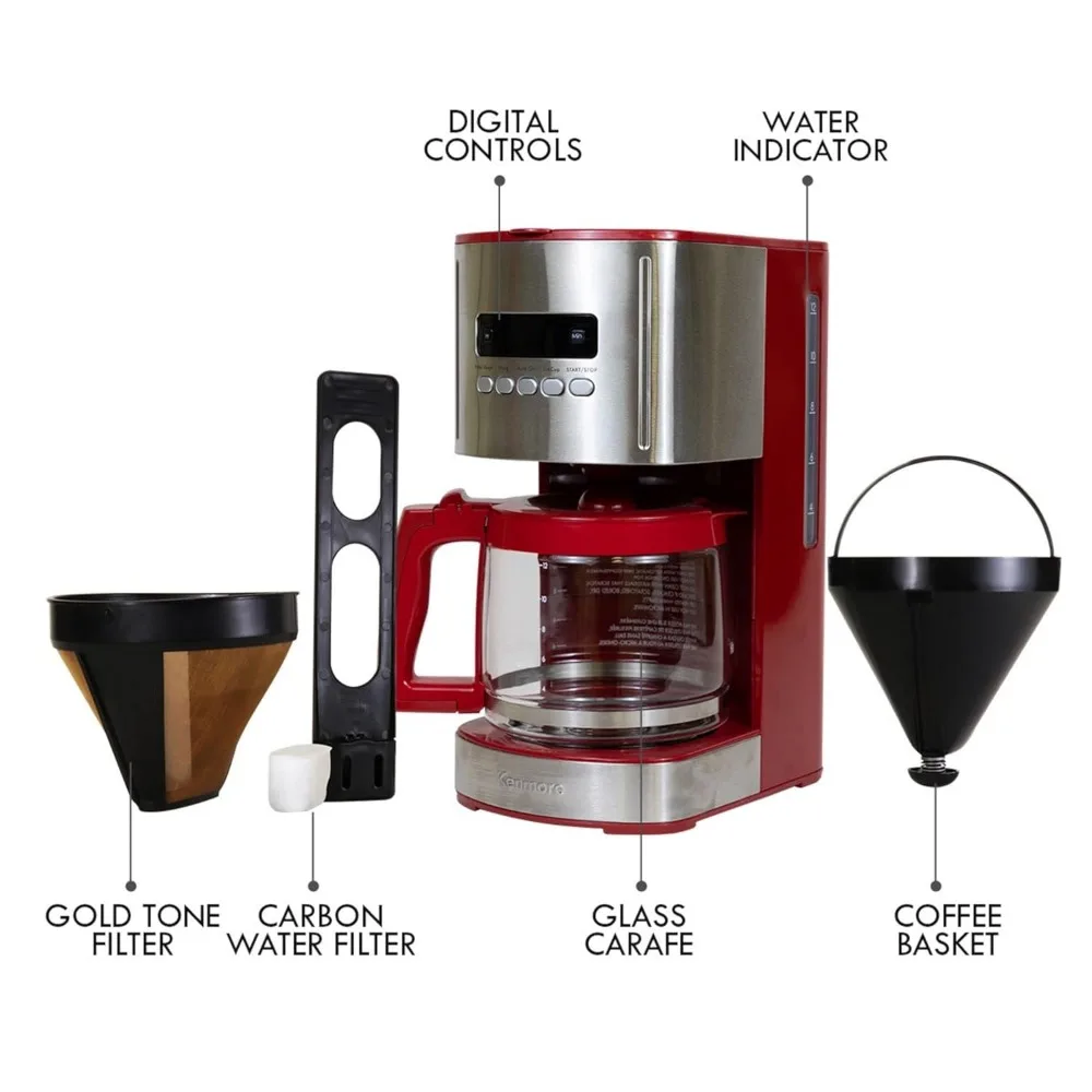 Control 12-cup Programmable Coffee Maker, Red and Stainless Steel Drip Coffee Machine, Glass Carafe, Reusable Filter, 6