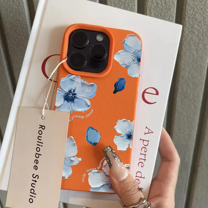 Elegant Blue Oil Painting Flower Phone Case - Faux Leather Cover