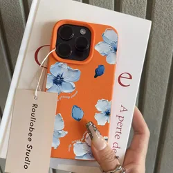 Elegant Blue Oil Painting Flower Phone Case - Faux Leather Cover - iPhone 15 Plus (Orange - YYDSW896)