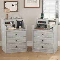 Gray 2-Piece Bedroom Nightstand Set with Charging Station and Hutch