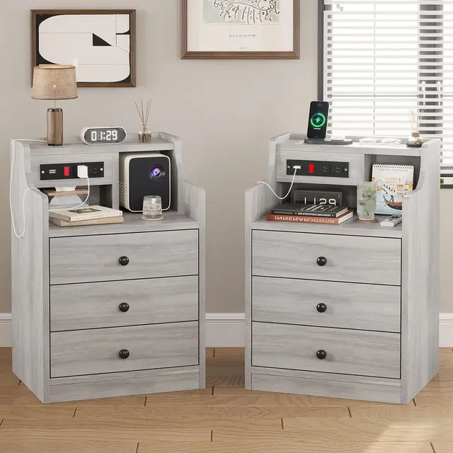 Gray 2-Piece Bedroom Nightstand Set with Charging Station and Hutch