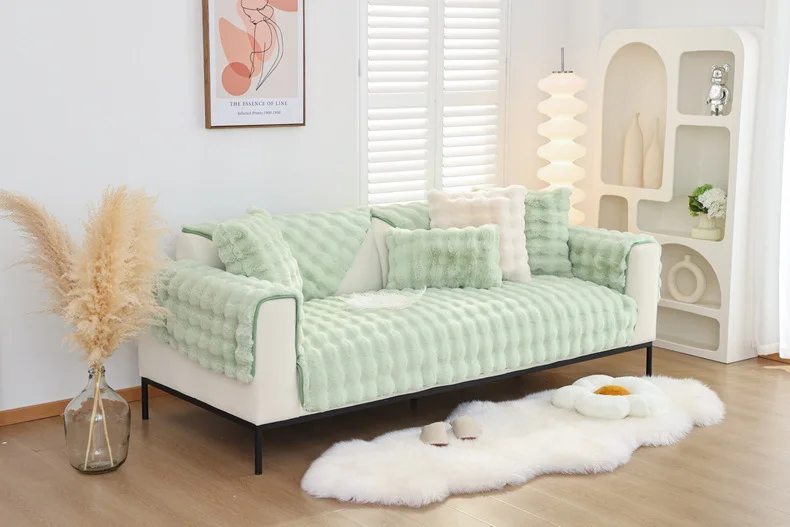 Description Picture 6 of itemWinter Warm Super Soft Rabbit Plush Sofa Towel Thicken Bubble Velvet Non-slip Sectional Sofa Cover Non-slip L-shaped Couch Cover