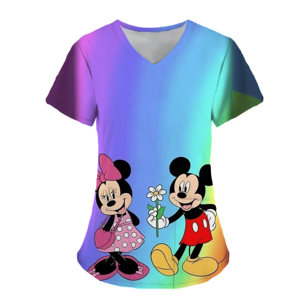 Uniforme de enfermera para mujer, camiseta de manga corta con cuello en V y estampado de Mickey Mouse de Disney, uniforme de enfermera de trabajo con bolsillos