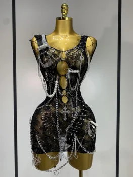 Fashion Chain Decoration Short Party Dress Luxury Women Sexy Hollow Out Nightclub Outfit Performance Singer Dancer Costume 1