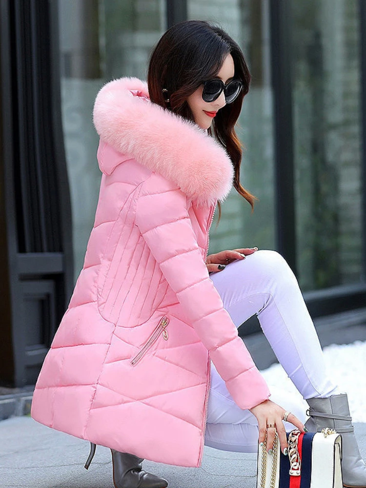 

Women Winter Jacket And Coat Big Fur Collar Hooded Down Parkas Korean Thick Cotton Padded Basic Tops Long Lady Wadded Jacket