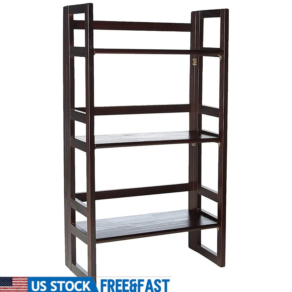 Folding Student Bookcase 3-Shelf Solid Wood Espresso Portable Storage Ideal Bedroom Dorm Room Home Office