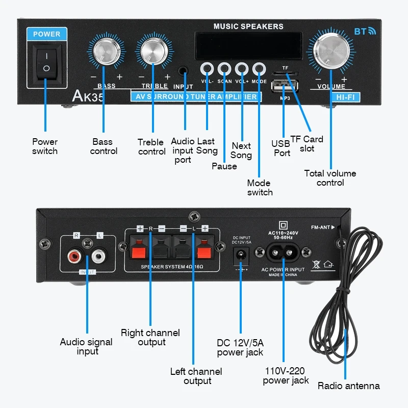 Bluetooth Home Digital Amplifier with HiFi Audio and Bass Enhancement