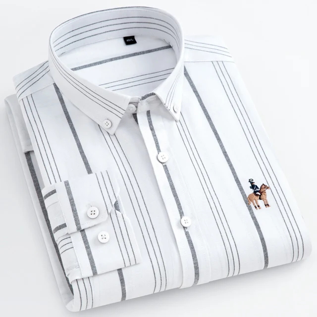 mens short sleeve white shirt Fashion Men's Long Sleeve Casual Contrast Striped Oxford Shirt with Embroidered Logo Comfortable Standard-fit Button-down Shirts mens short sleeve button down Shirts
