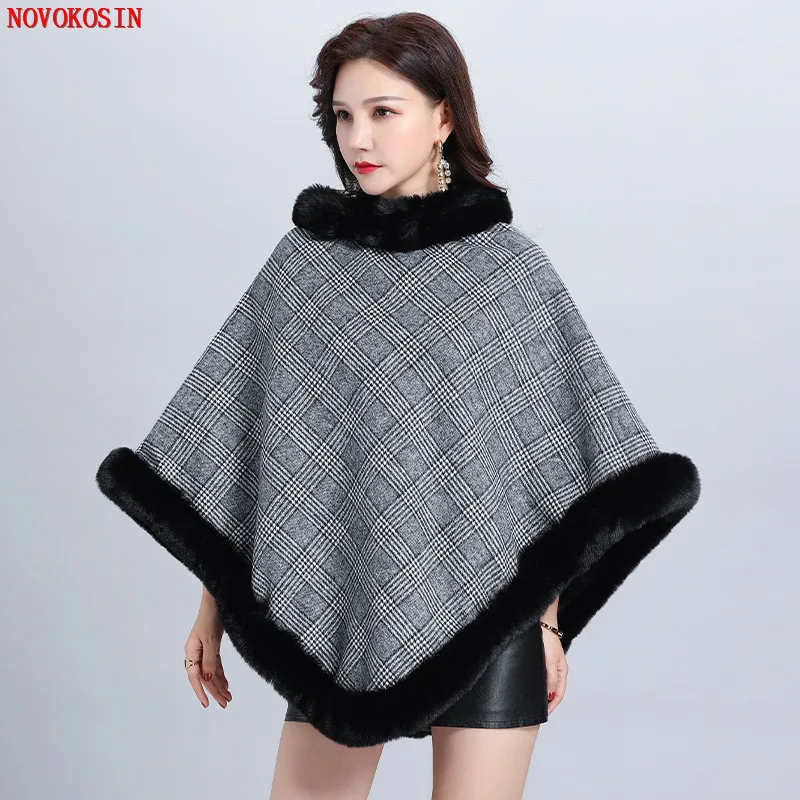 5 Colors Women Striped Plaid Loose Capes 2022 Winter Faux Fox Fur Neck Shawl Poncho Knitted Triangle Plus Size Pullover Coat