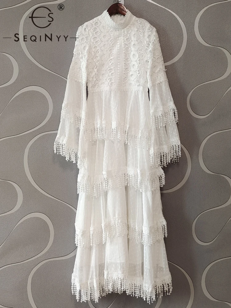 

SEQINYY White Long Dress Spring Autumn New Fashion Design Women Runway High Stree Flare Sleeve Dot Lace Hollow Out Tassel Party