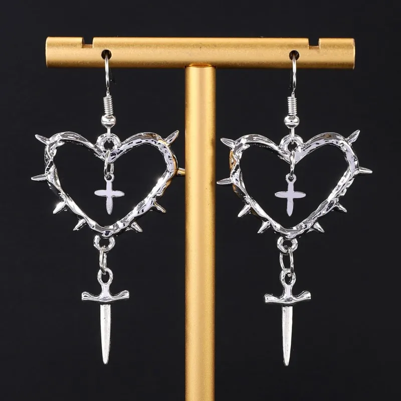 Silver Color Cross Heart Pendant Hoop Earrings for Women Vintage Gothic Dangle Earring Jewelry Gifts