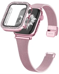 Elegant Milanese Loop & Diamond Bracelet for Apple Watch - Slim Sport Strap & Case (Rose Pink 5)