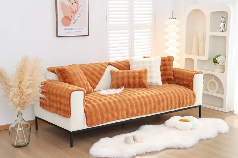 Description Picture 4 of itemWinter Warm Super Soft Rabbit Plush Sofa Towel Thicken Bubble Velvet Non-slip Sectional Sofa Cover Non-slip L-shaped Couch Cover
