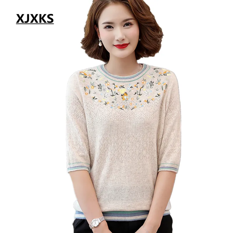 

XJXKS Round Neck Half Sleeve Women Autumn Sweater 2022 New Loose Plus Size High Quality 100% Wool Knitted Sweater Women Pullover