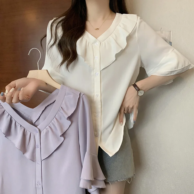 

Women summer T-shirts age reduction V-neck Slim Short Sleeve Summer ruffle shirt female slightly fat mm casual thin shirt