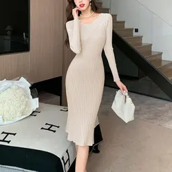 Elegant Korean Vintage Knitted V - Neck Midi Dress - Autumn/Winter Women's Fashion - S (Apricot)
