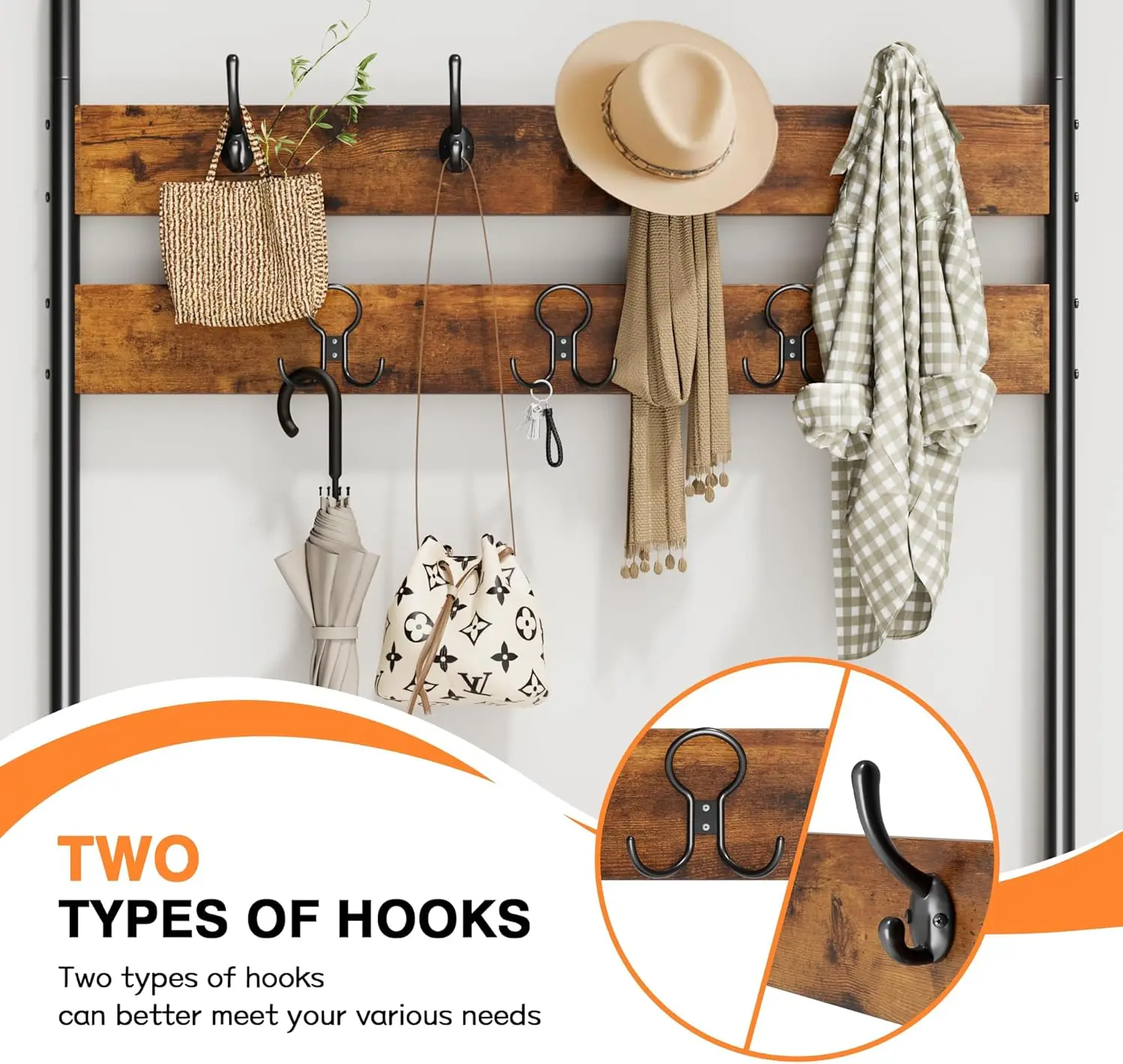 Industrial Entryway Hall Tree with Bench, Coat Rack Organizer, 10 Hanging Points & Anti-Tip Design, 7 Hooks &Deep Storage