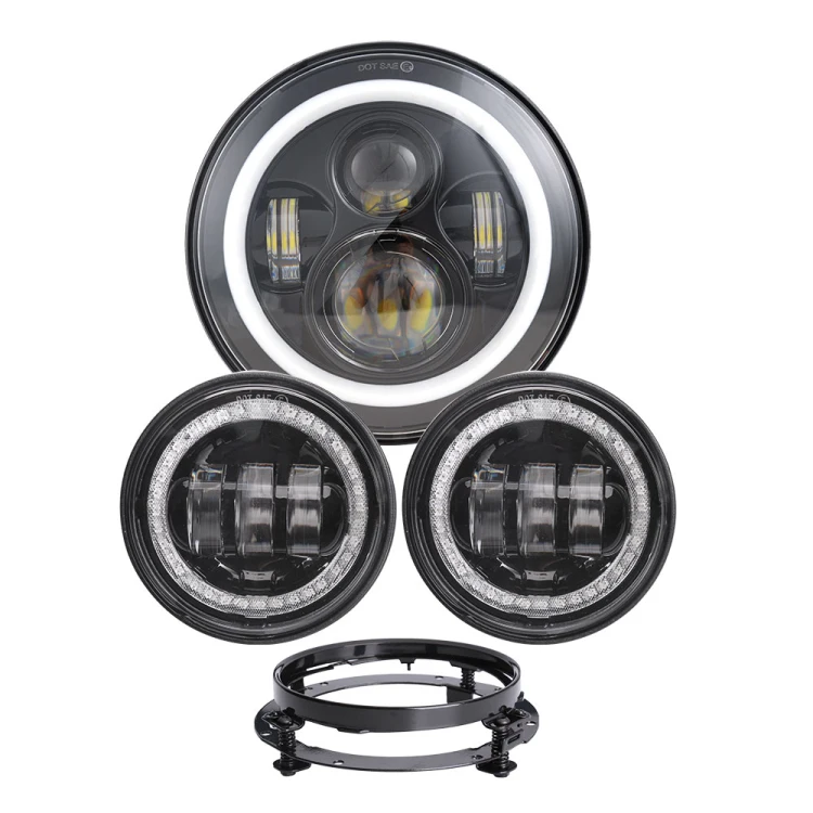 

A Combo Set Motorcycle Led Headlight 7'' Inch Led Round Headlight 45W Halo 4.5" Led Fog Light 7" Bracket for