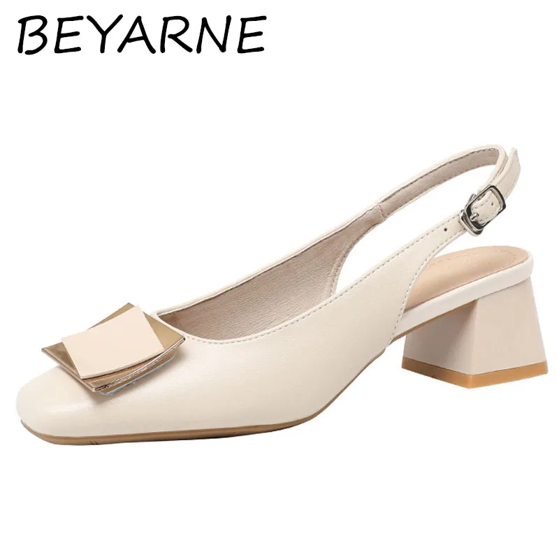 Women Genuine Leather Pumps Slingback Punk Studs Rivet Shoes Square Toe Block High-heels Nude Pump Lady 32-43