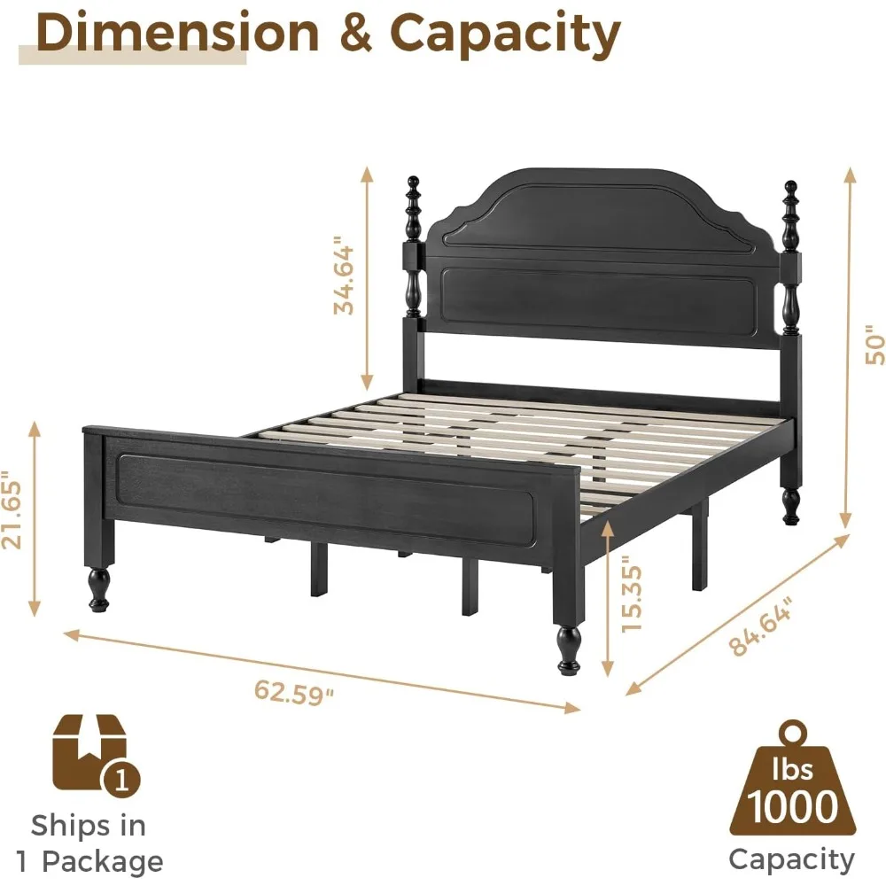 Wood Queen Size Bed Frame with Wooden Headboard and Footboard, Heavy Duty 12 Solid Wood Slats Support, Queen Bed Frame 2