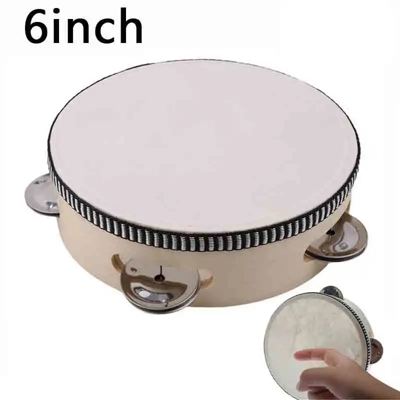 6Inch Sheep Skin Head Tambourine Drum 4 Pairs Jingles Wooden Frame Head Musical Tambourine Beat Instrument Hand Drum musical percussion instruments