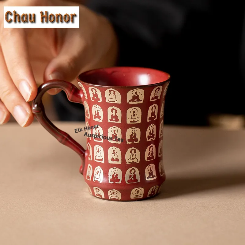 1pc 75ml Cinnabar Red Buddha Handle Teacup Luxury Tea Bowl Cute Cup Tea-tasting Smelling Cup Chazhan Master Cups Drinkware Gifts