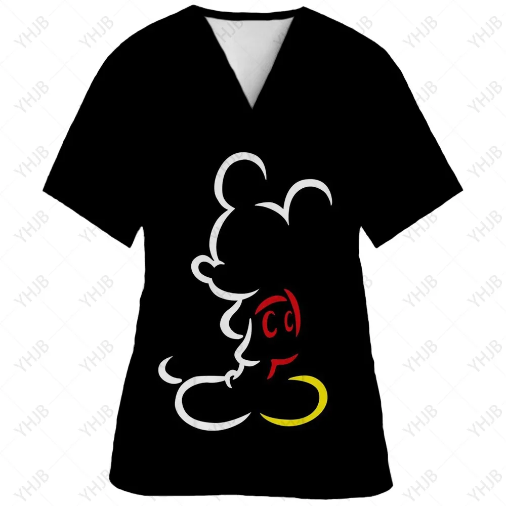 Women Short Sleeve Nurse Uniform Hospital Workers Disney Minnie Mickey Print Graphic T-Shirt V Neck Tops Kawaii Working Uniform matching tshirts,girls tops,casual t shirt,kids t shirt