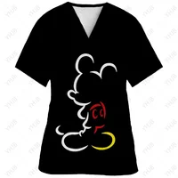 Women Short Sleeve Nurse Uniform Hospital Workers Disney Minnie Mickey Print Graphic T-Shirt V-Neck Tops Kawaii Working Uniform 1