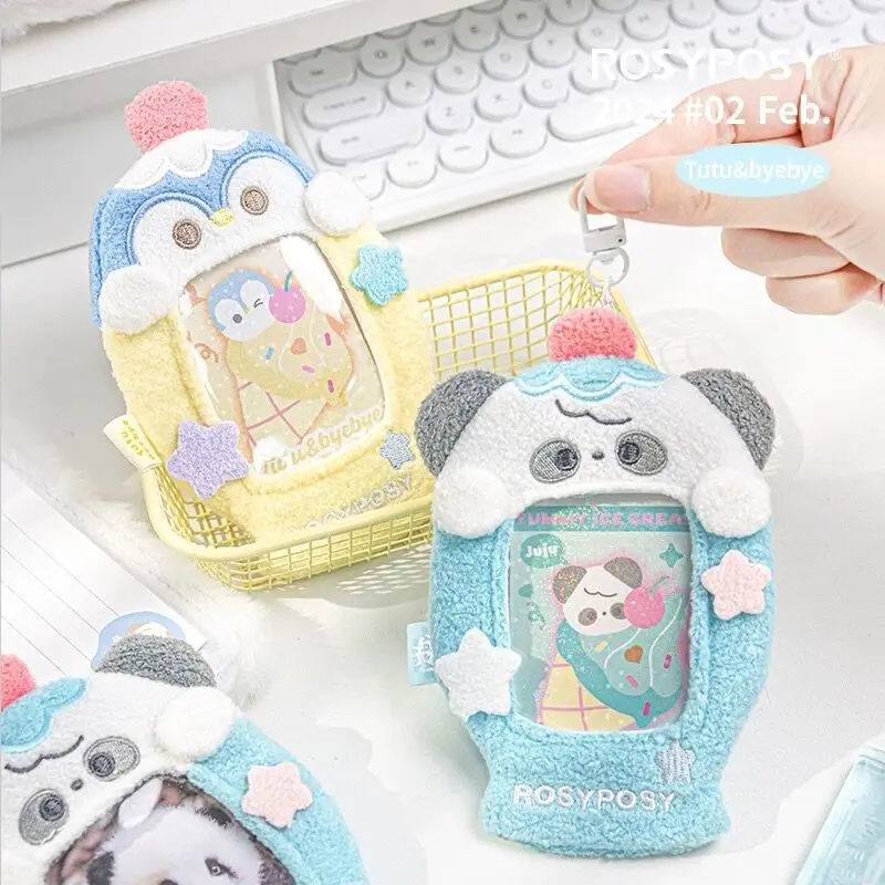 MINKYS Kawaii Fluffy Cat Puppy 3 inch Kpop Photocard Holder Photo Card Holder Bag Pendant School Stationery 4