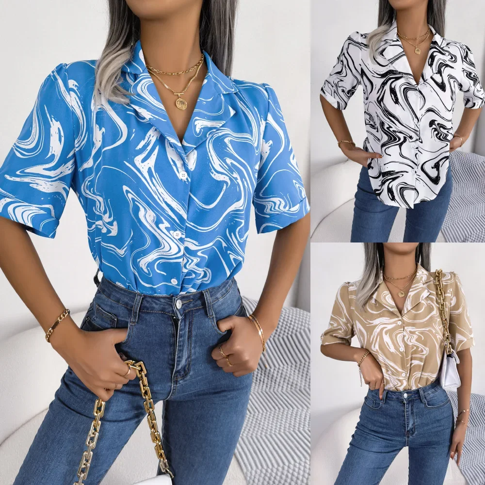 Real 2024 spring summer Europe and the United States casual suit collar color contrast loose short-sleeved shirt women's wear