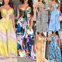 

New Summer Two-piece Fashion Print Slim Fit Tube Top + High Waist Wide Leg Pants Set Resort Wear Women 2022