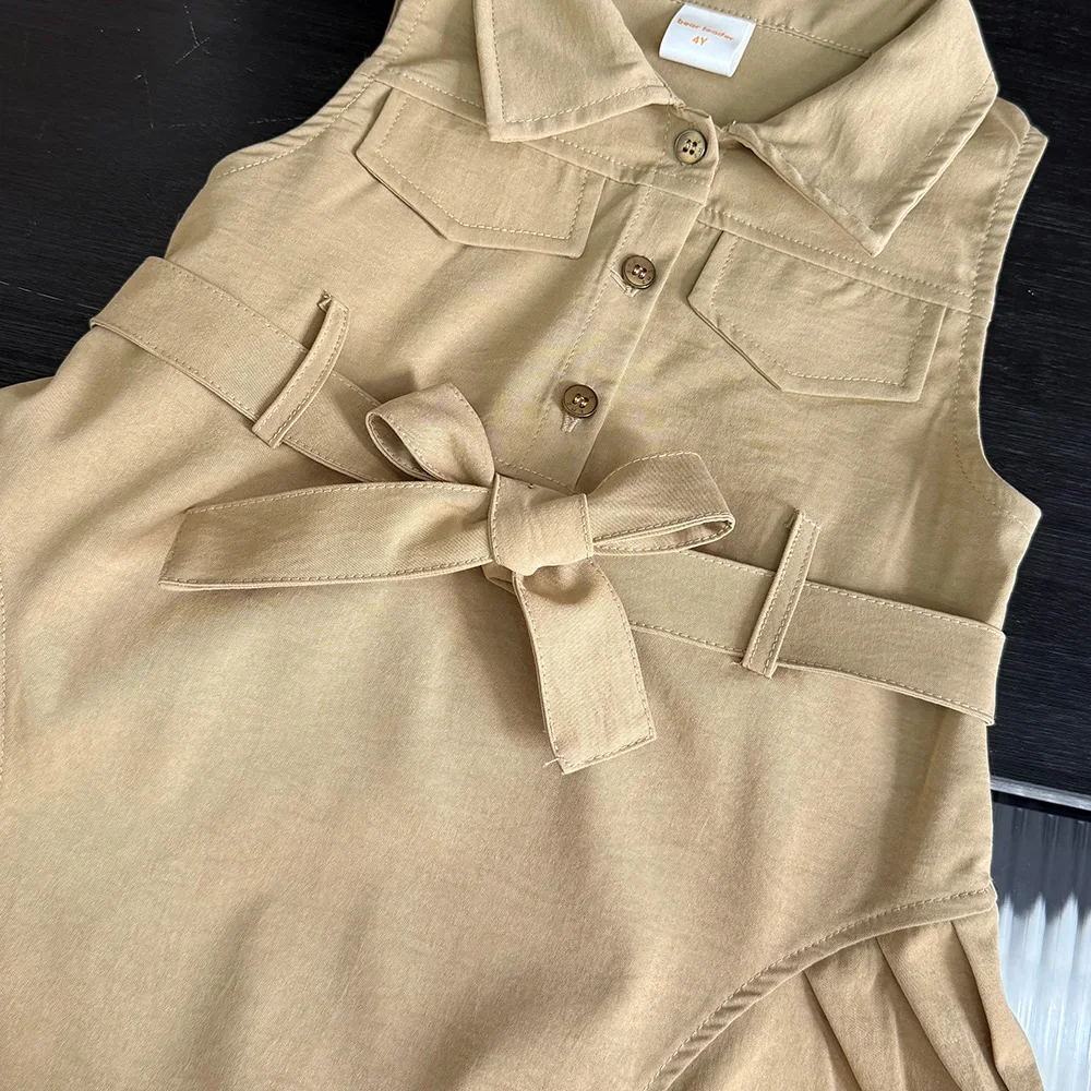 Koreanische Version Khaki Mädchen Casual Kleider Ärmel Flip Kragen Arbeitskleidung Kinder Kleid Sommer Neue Einfarbig kinder Kleidung – Detail 4