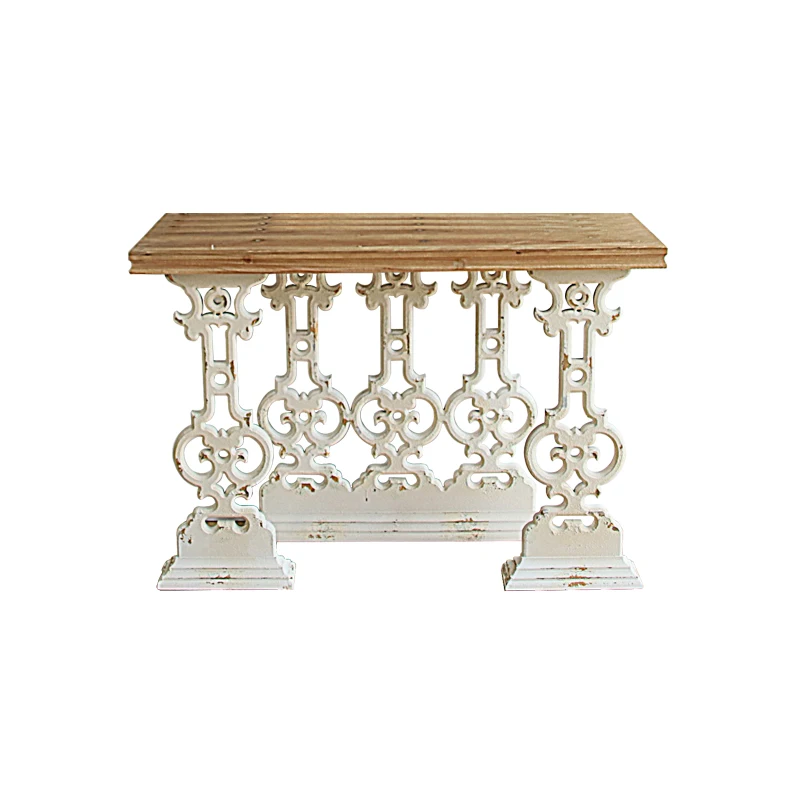 Vintage Farmhouse Console Table 120cm Fir Wood Top White Carved Legs Entryway Sofa Table