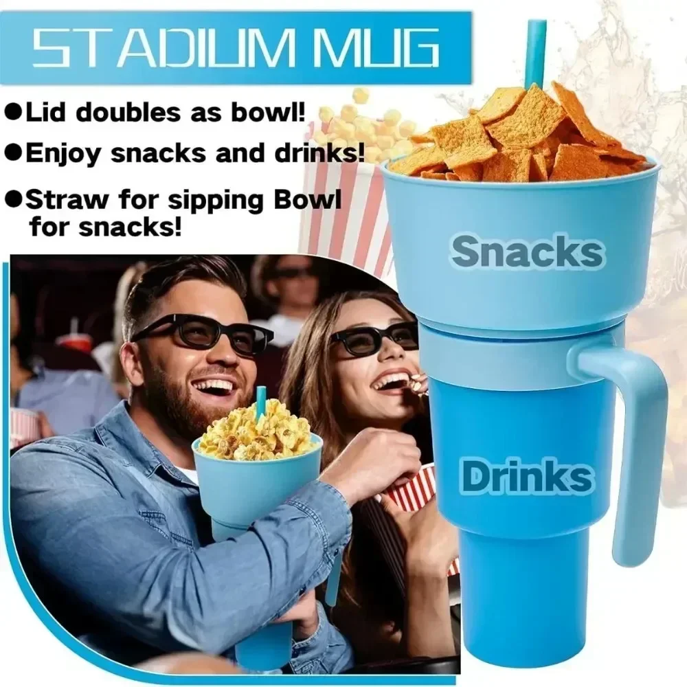 Snack Bowl Drink Cup 2In1 Snack Bowl Drink Cup with Straw Stadium Tumbler Water Bottle Straw Splash Proof Leakproof Portable Adults Kids Cinema Trip