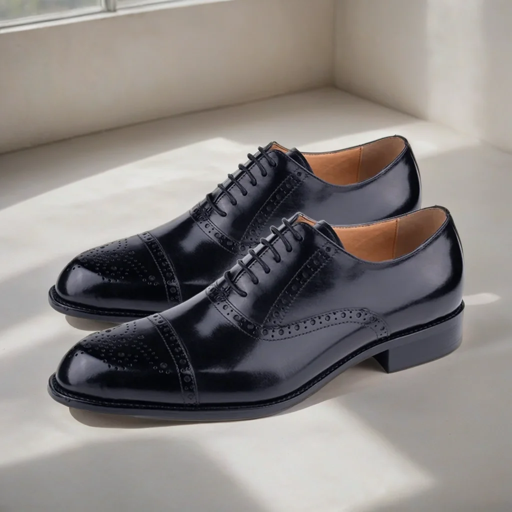 Brogue Men's Genuine Leather Oxford Shoes Handmade Pointed Toe High Quality Formal Shoes for Office Weddings Gift for Husband