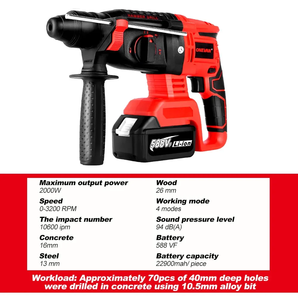 Brushless Cordless Electric Hammer Drill 3200RPM 4 Function Rotary Hammer 26mm Impact Drill Rechargeable For Makita 18V Battery 2