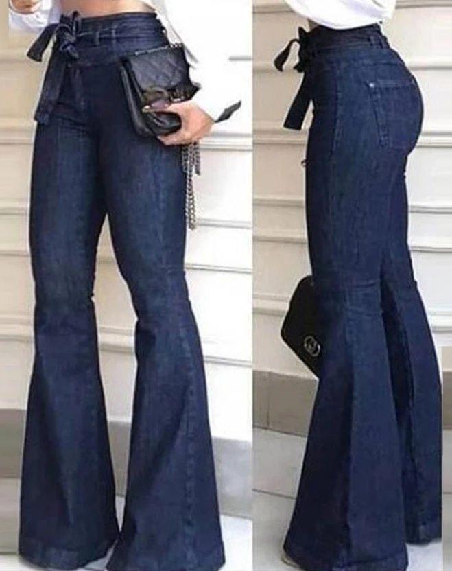 Elegant Women's Office Fashion Street Trend Jeans High Waist Flared Leg Jeans Elastic Waist Tie Pants Skinny Flared Pants