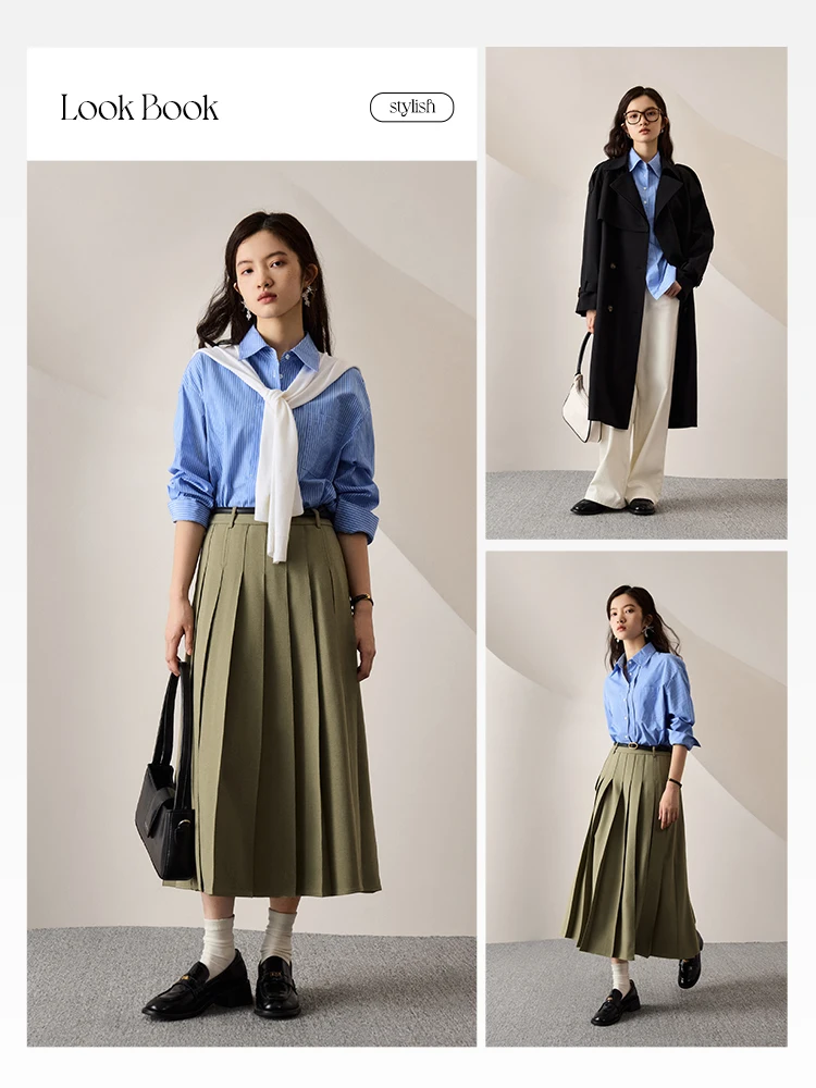 Ziqiao-女性のための青い縞模様の長袖シャツ,カジュアルなルーズ