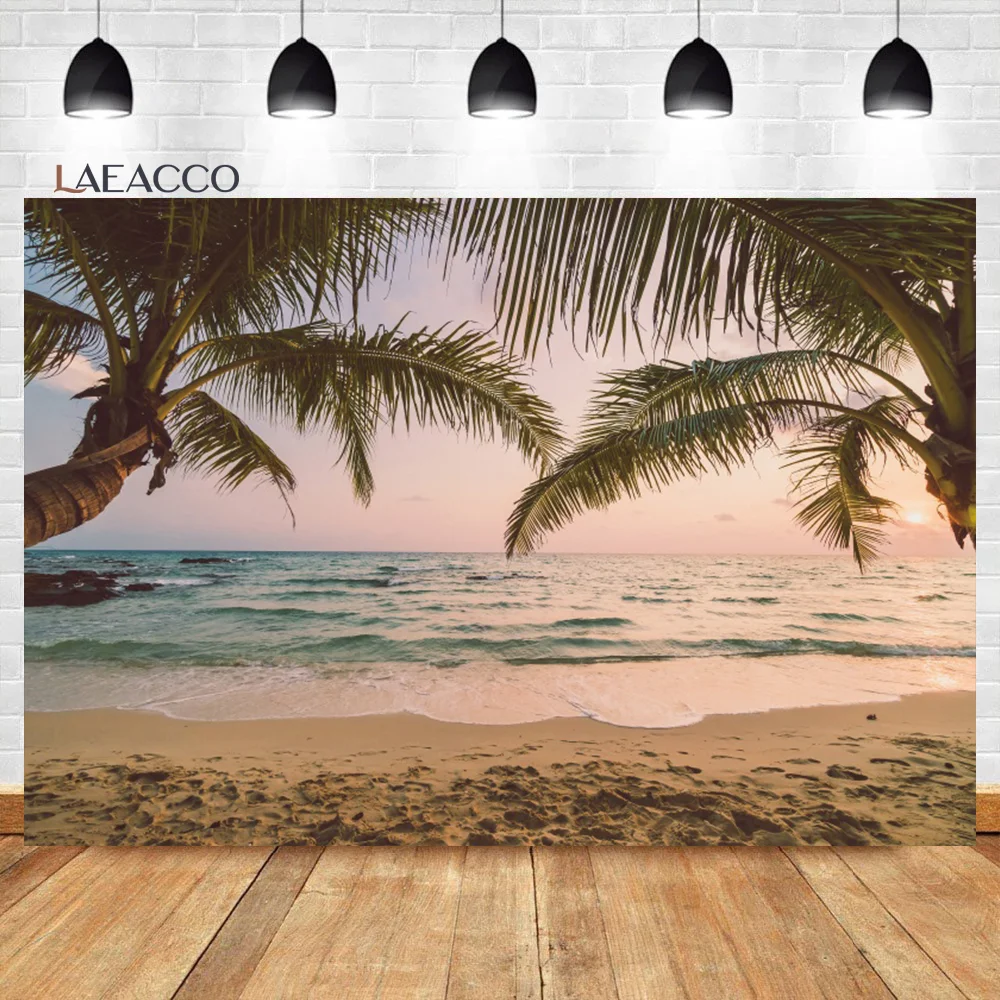 

Laeacco Seaside Sunset Photo Backdrop Tropical Hawaiian Palm Trees Beach Dusk Natural Scene Portrait Photography Background