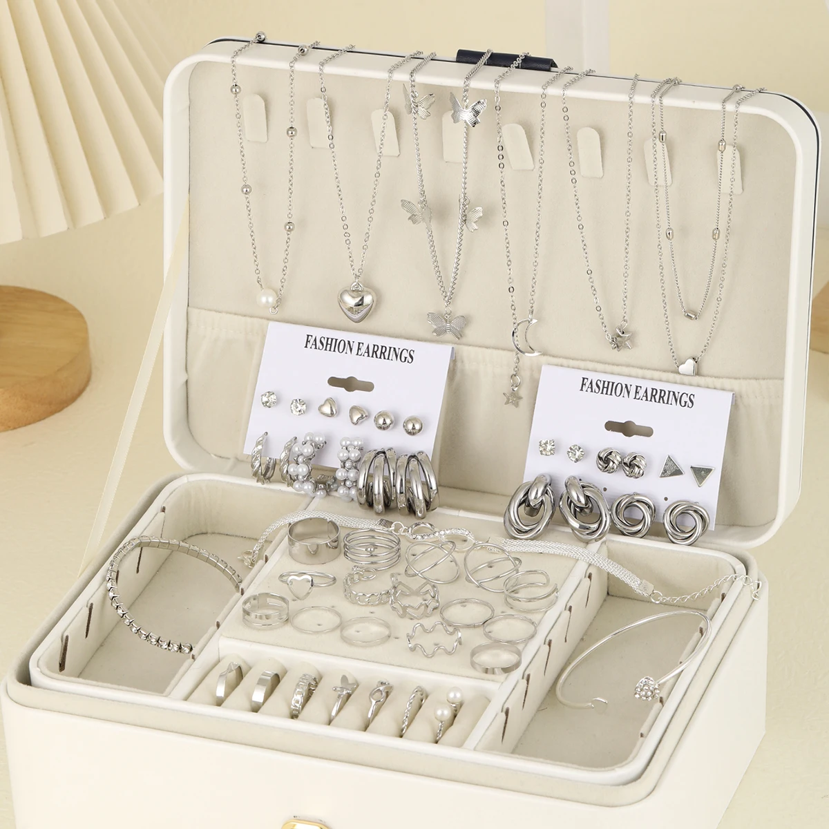 53 Pcs Boho Vintage Jewelry Sets For Women Elegant Silver Color Pearl Zircon Geometric Earring Ring Necklace Bracelet Daily Wear
