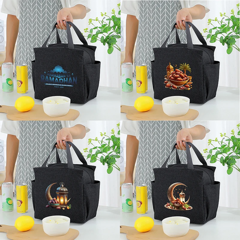 Ramadan printed insulated lunch bag with built-in waterproof and cold ice bag, large capacity commuting storage bag