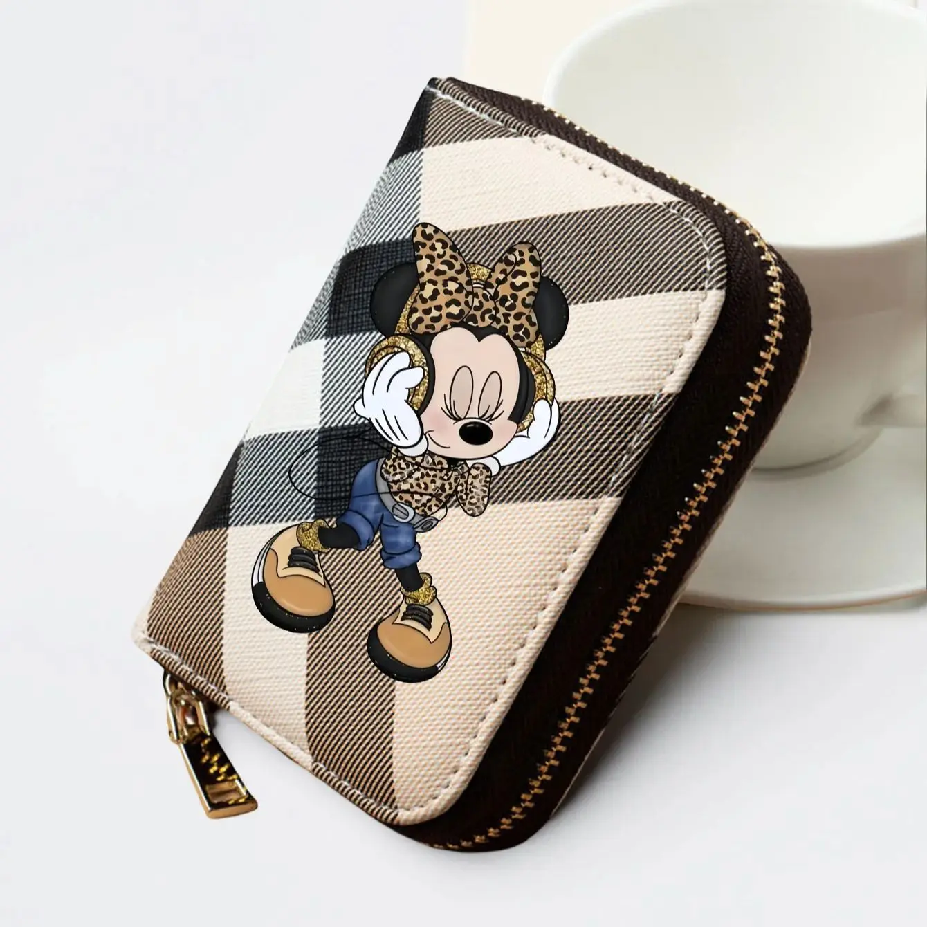 Minnie Plaid Pattern Wallet – Short PU Leather Zipper Coin Purse with Leopard Outfit Print & Card Slots for Women, 3 Colors 3 Minnie Plaid Pattern Wallet – Short PU Leather Zipper Coin Purse with Leopard Outfit Print & Card Slots for Women, 3 Colors 3