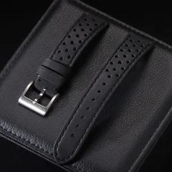 Genuine Cowhide Leather Strap - Soft Breathable Retro Wristband 18mm 20mm 22mm - 22mm (Matte Black)