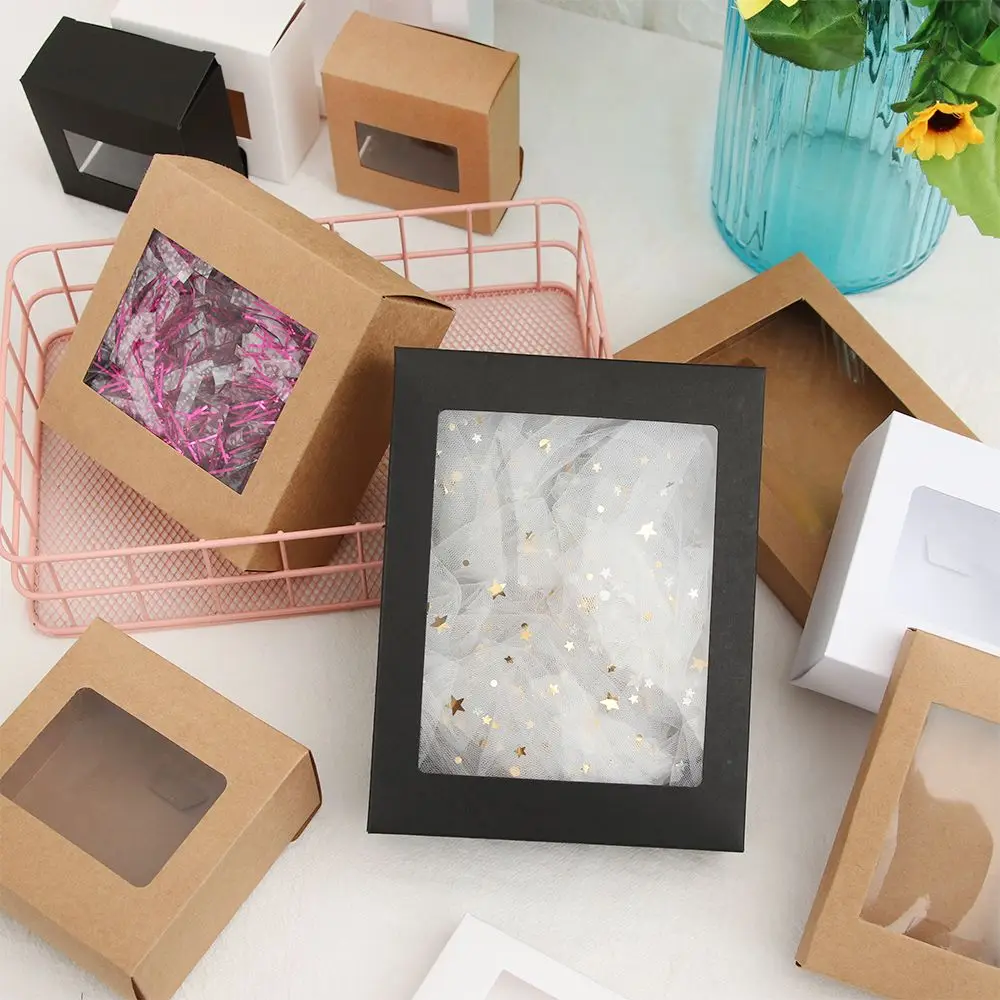 10 Stück Vintage Kraft papier Geschenk box DIY Süßigkeiten Wickelt asche Kuchen Paket klar PVC Fenster Box Party liefern Hochzeits bevorzugungen – Detail 11